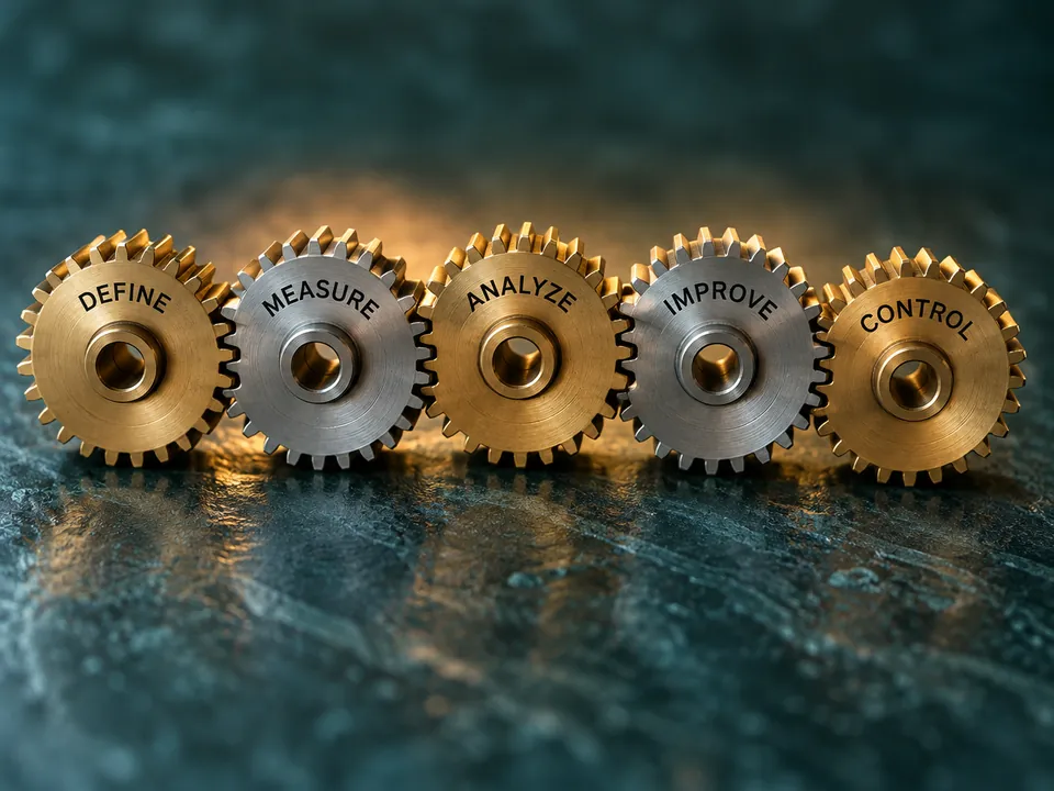 Five interlocking brass and steel gears engraved Define, Measure, Analyze, Improve and Control